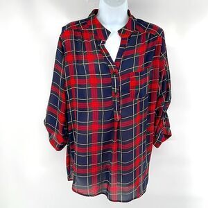 CALS green navy blue red white plaid semi sheer v neck tunic shirt top medium